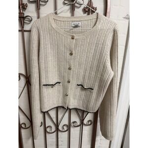 Song of Style Cardigan Womens L Cropped Ribbed Knit Contrast Trim Quiet Luxury